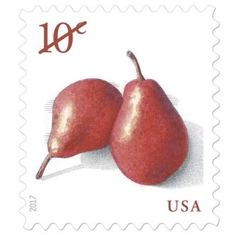 USA 10 cent stamp, two red pears reading 10¢ in the upper left and USA in the bottom right, in red font