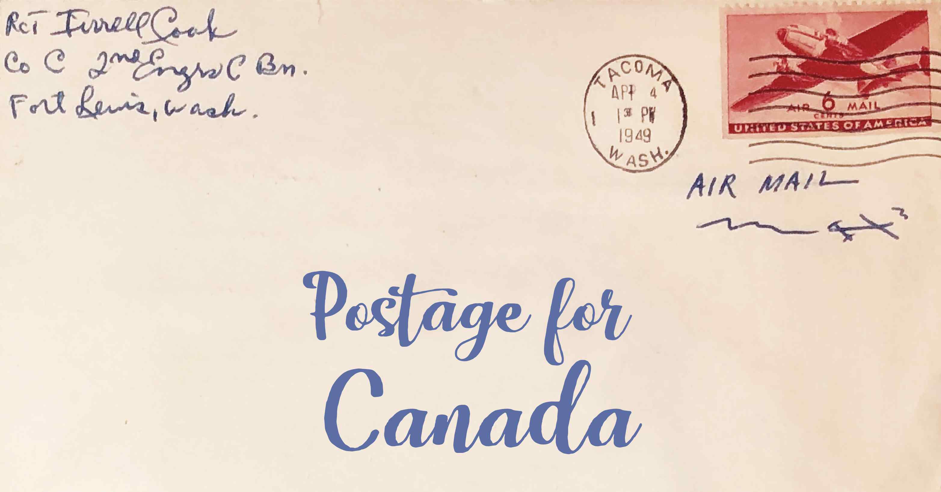 Photo of an old envelope reading 'Postage for Canada'