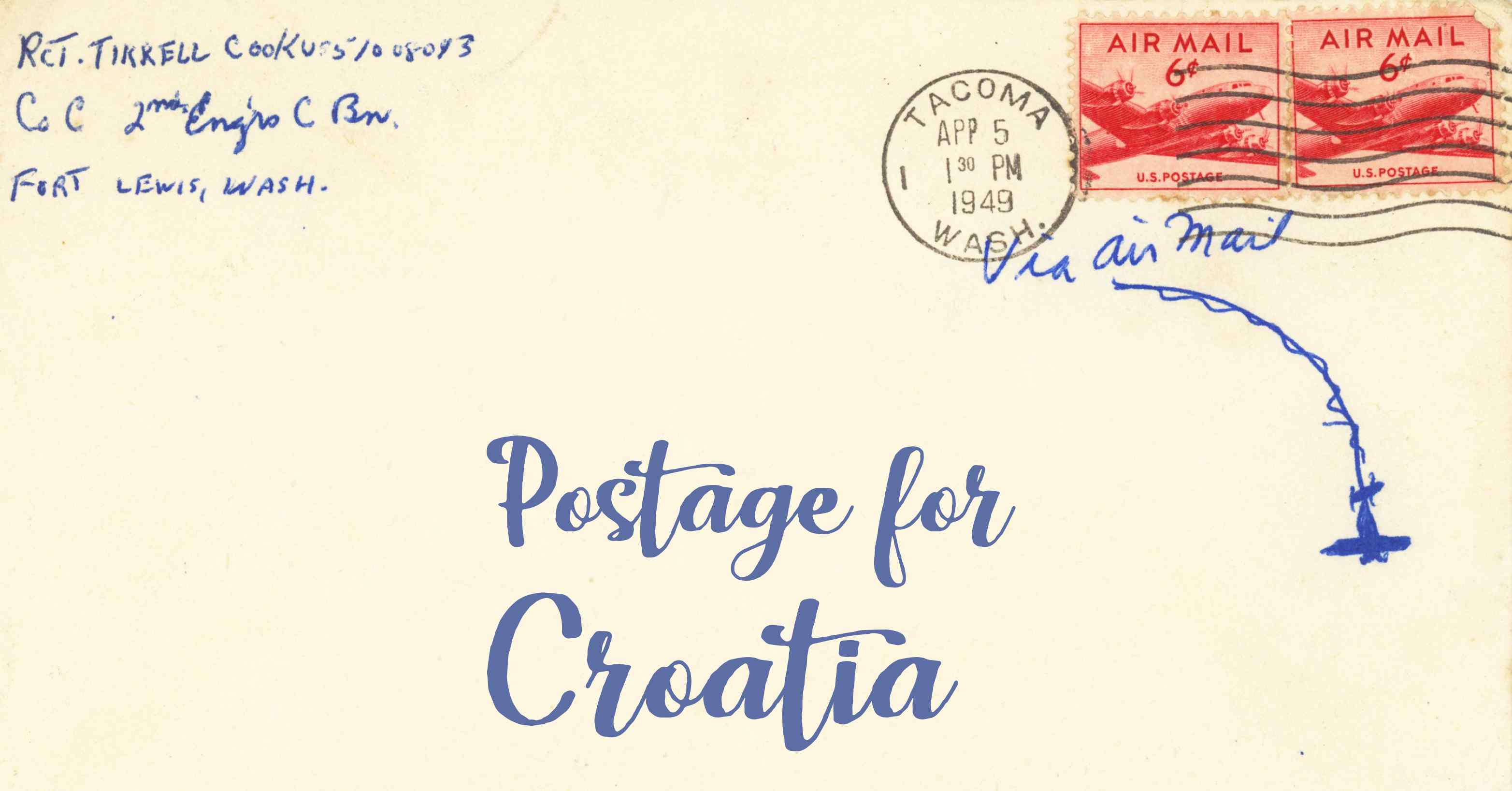 Photo of an old envelope reading 'Postage for Croatia'