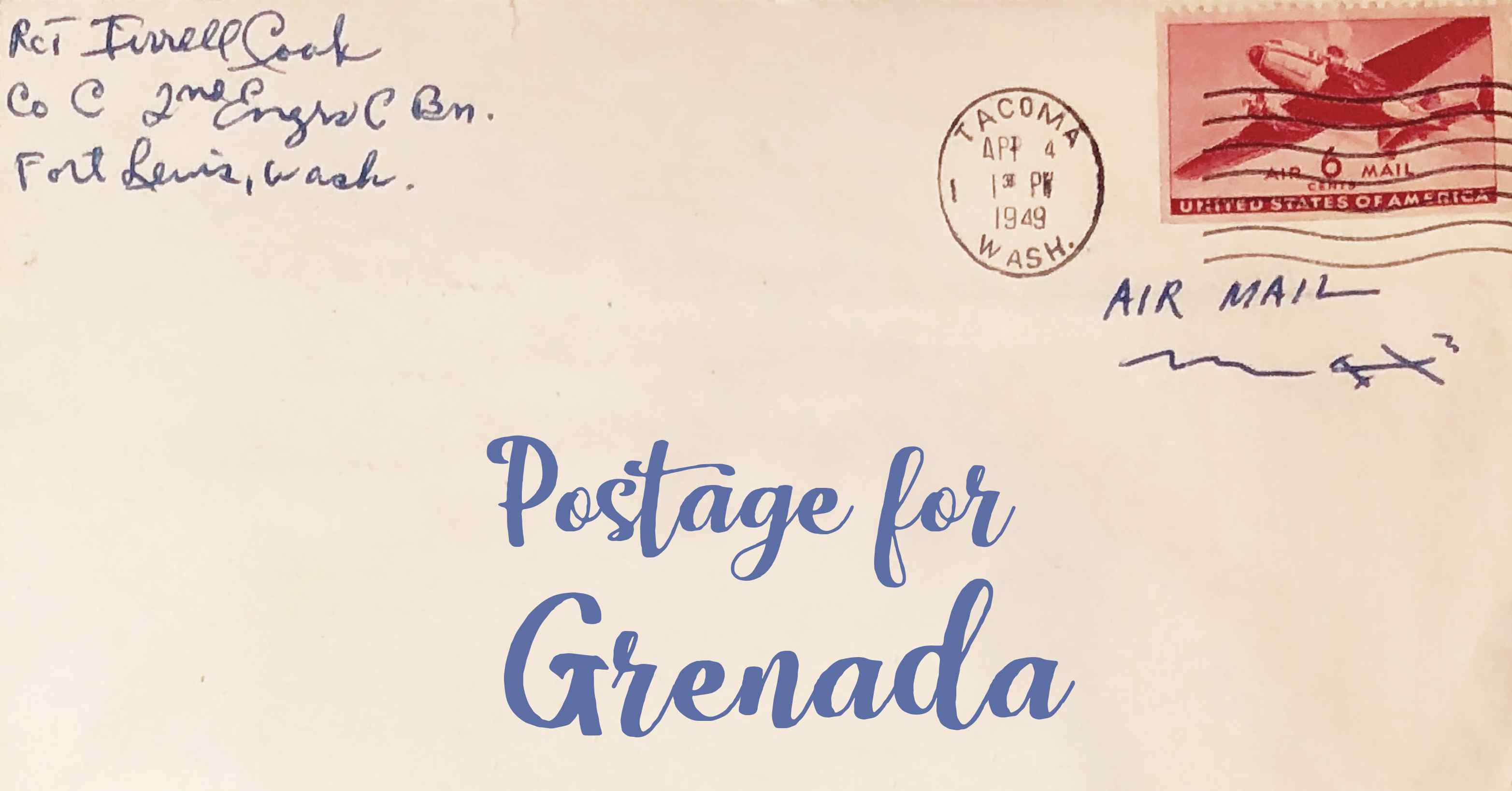 Photo of an old envelope reading 'Postage for Grenada'