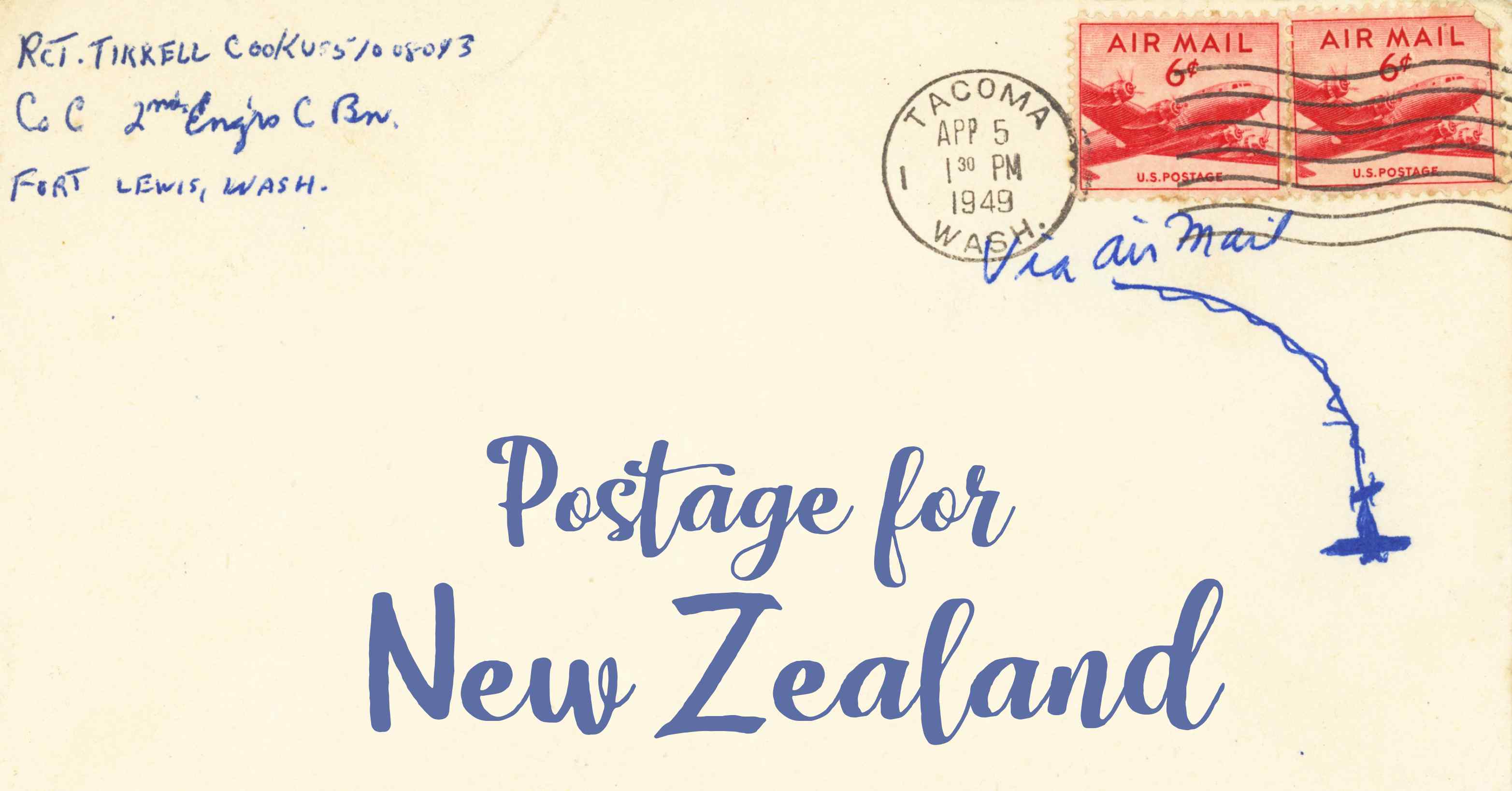 Photo of an old envelope reading 'Postage for New Zealand'