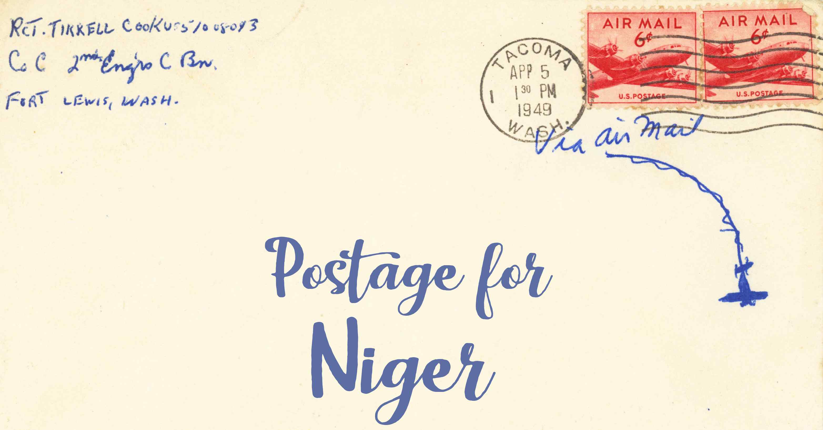 Photo of an old envelope reading 'Postage for Niger'