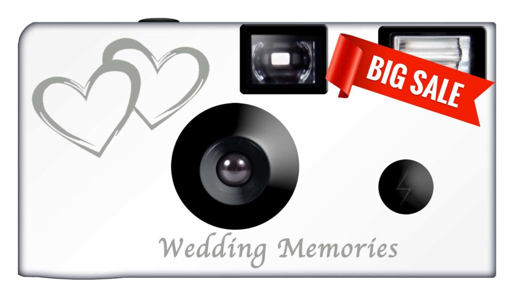 Disposable camera showing the text "wedding memories" text. It's a white camera with grey hearts. Overlayed no the camera it says BIG SALE.